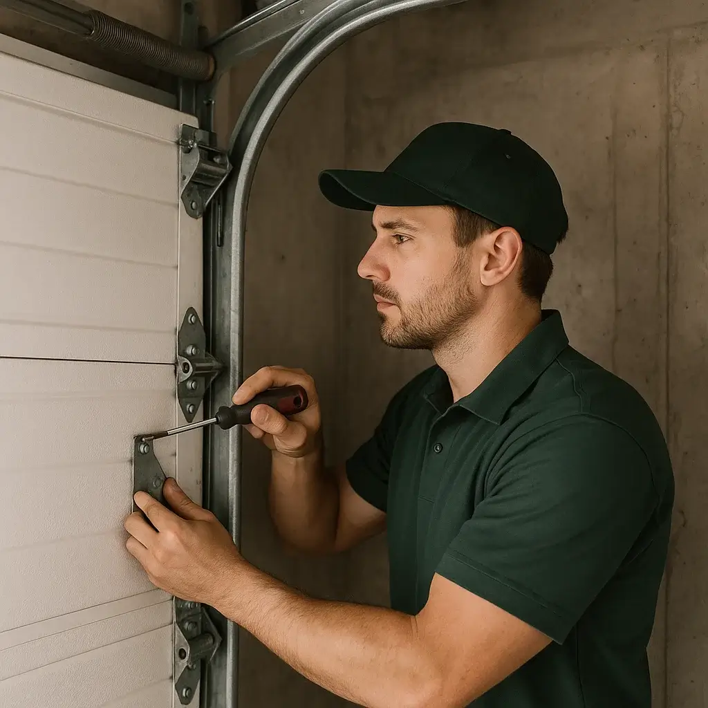 Affordable garage door technician repairing bent track and replacing damaged panel in Cinco Ranch TX