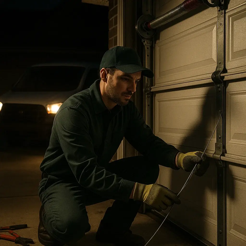 Technician repairing garage door cable at night in Cinco Ranch TX