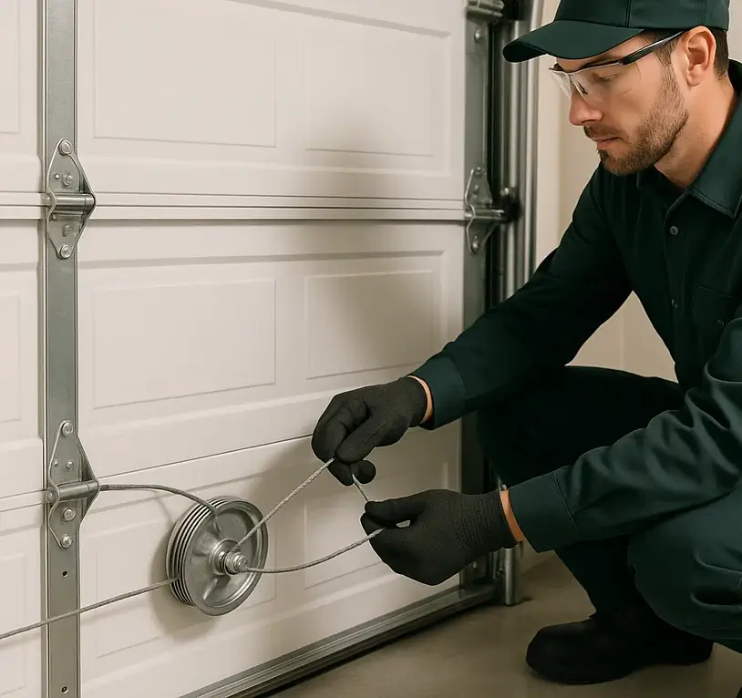 Technician adjusting garage door cable alignment in Cinco Ranch TX