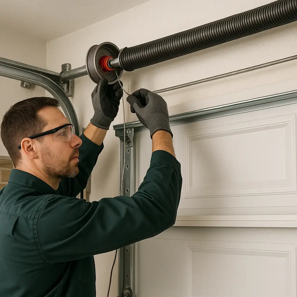 Technician adjusting garage door cable balance in Cinco Ranch TX