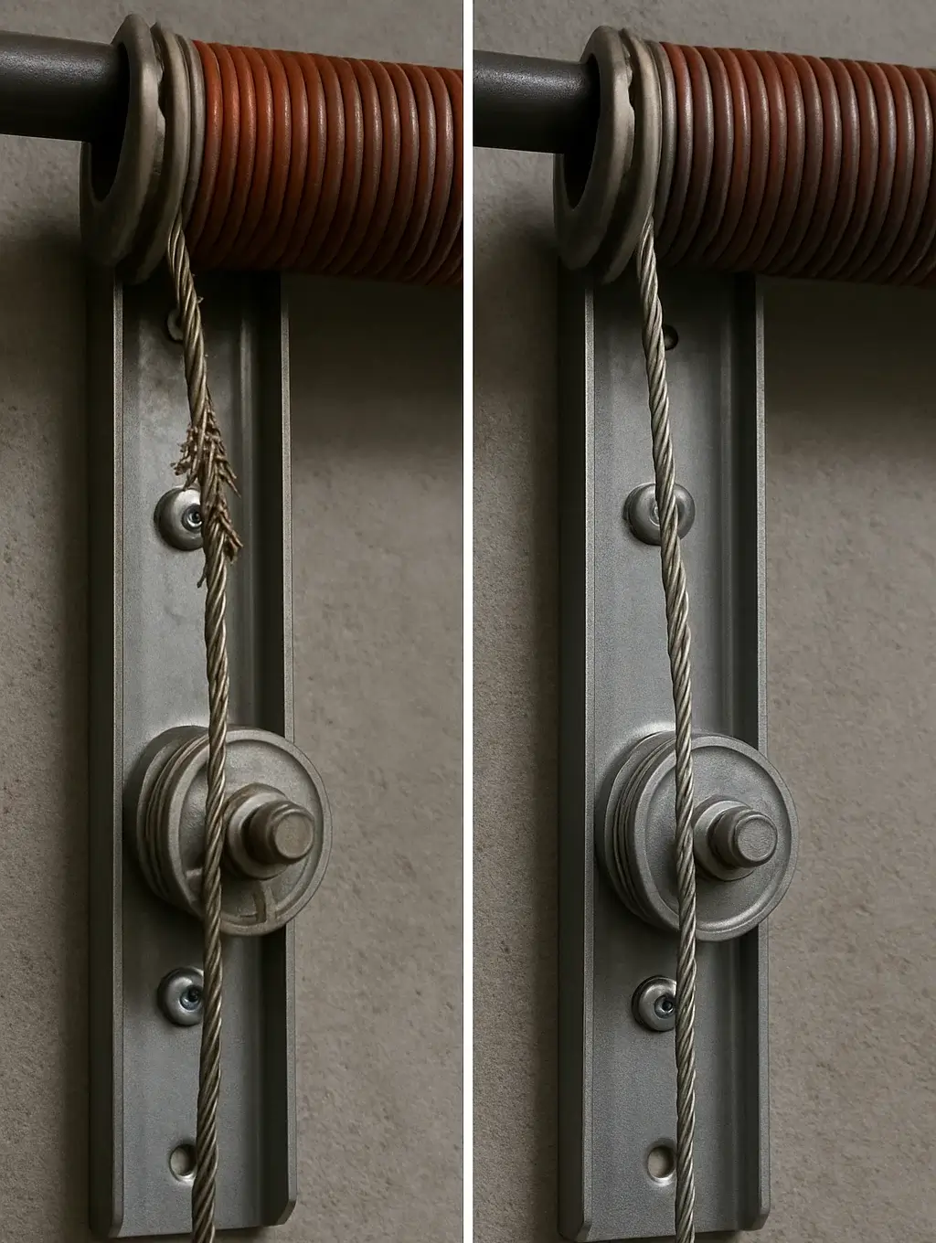 Before and after of garage door cable repair in Cinco Ranch TX