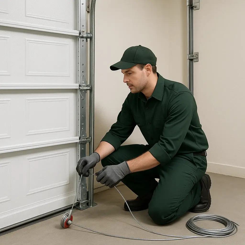 Technician inspecting and servicing garage door cables in Cinco Ranch TX