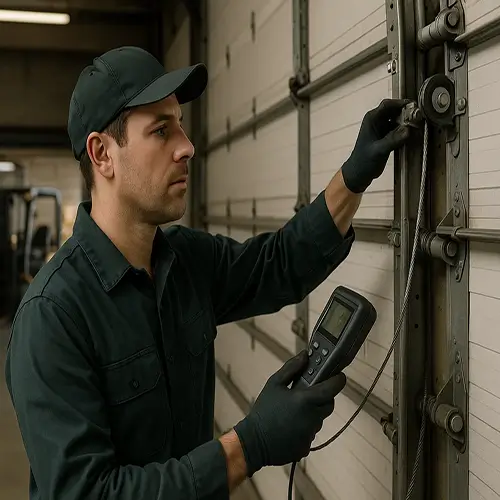 Technician repairing large commercial sectional garage door in Cinco Ranch TX warehouse