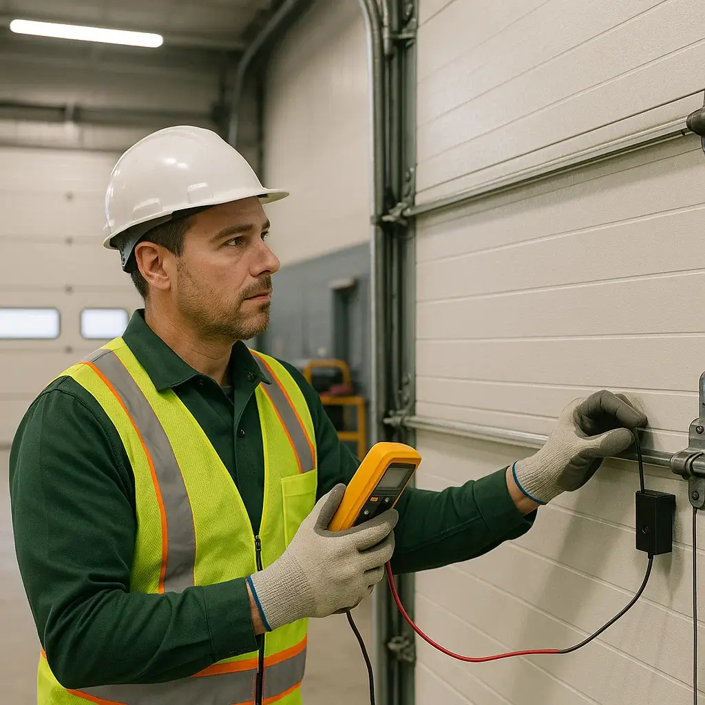 Commercial garage door technician checking sensors during safety inspection in Cinco Ranch TX