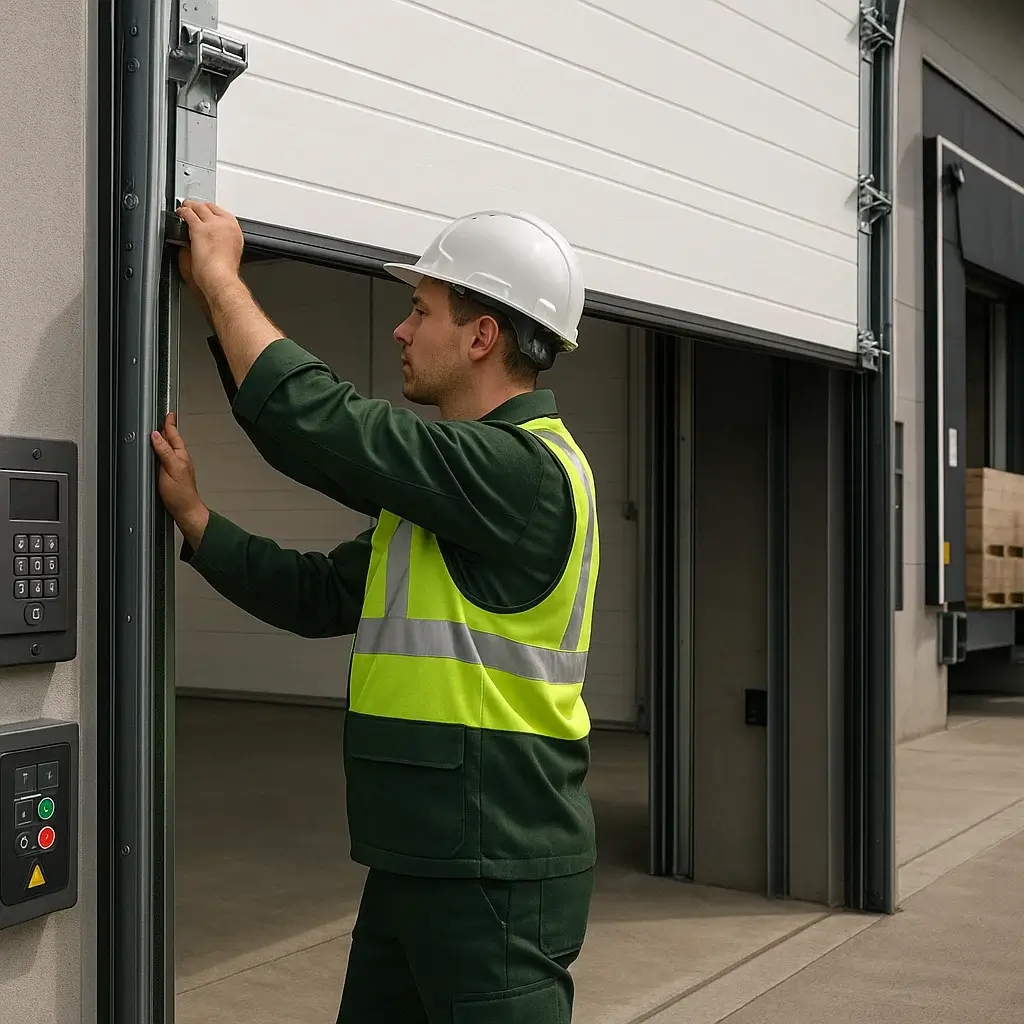 Warehouse technician installing sectional industrial garage door in Cinco Ranch TX