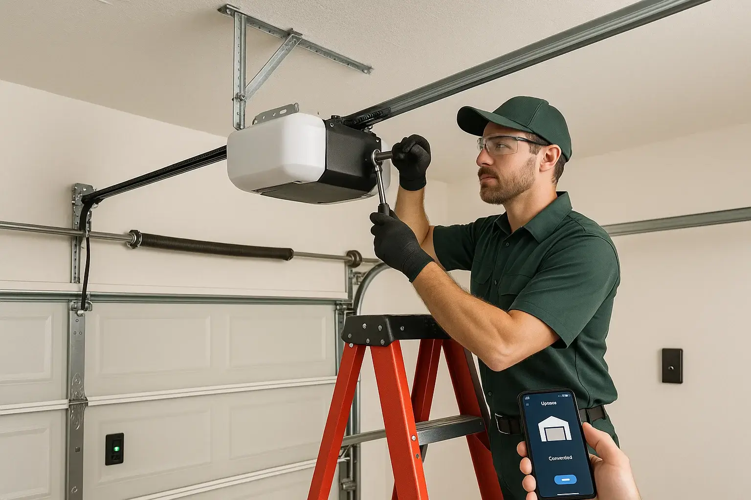 Technician installing belt-drive smart garage door opener, aligning safety sensors — Garage Door Cinco Ranch