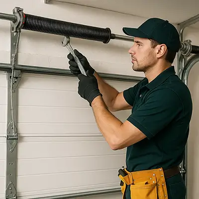 Technician replacing a torsion spring on a residential garage door in Cinco Ranch TX