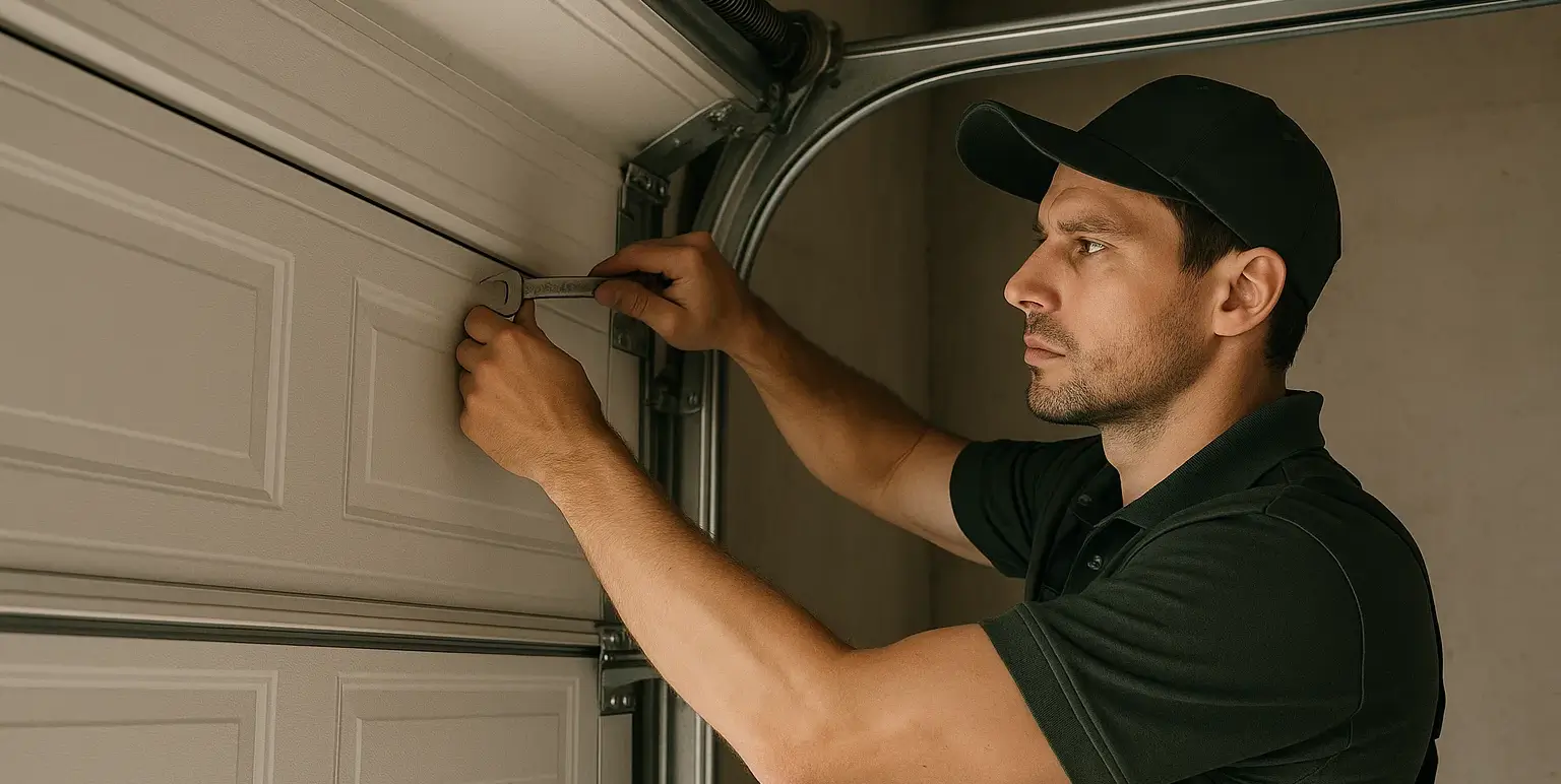 Professional technician repairing and installing a residential garage door in Cinco Ranch TX