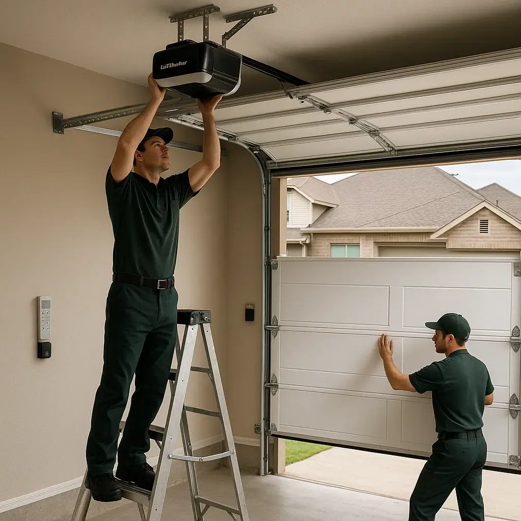 Technicians performing fast same day garage door installation in Cinco Ranch TX