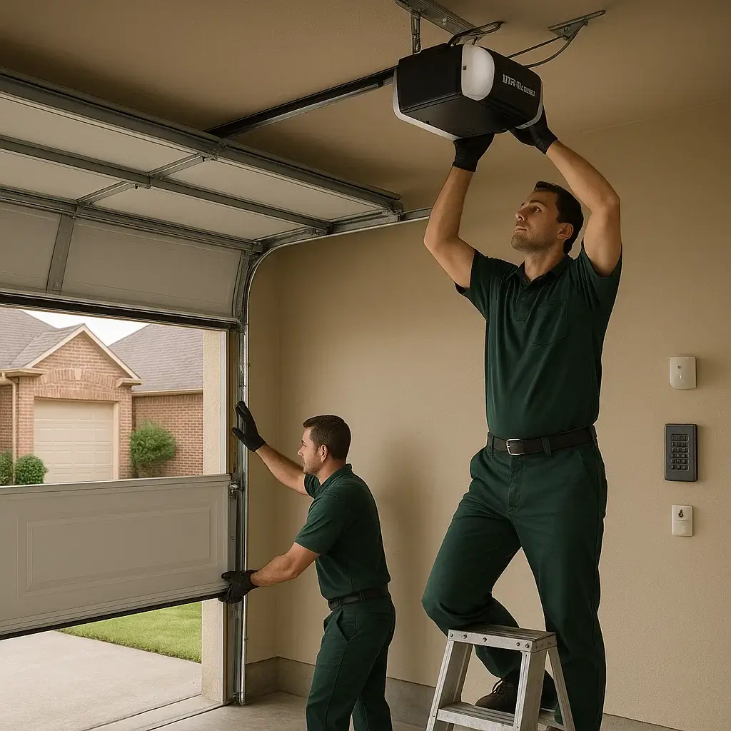 Technician installing smart LiftMaster garage door system in Cinco Ranch TX