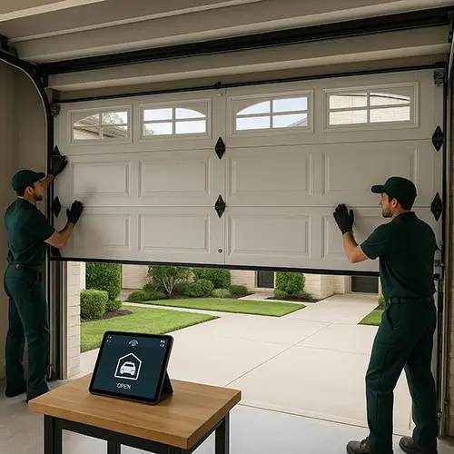 Technicians installing stylish carriage-style garage door in Cinco Ranch TX