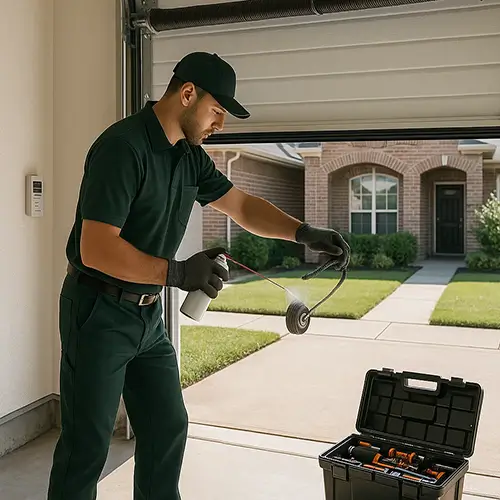 Technician in dark green uniform performing full garage door maintenance in Cinco Ranch TX