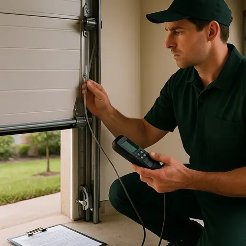 Technician inspecting garage door cables and opener during maintenance in Cinco Ranch TX