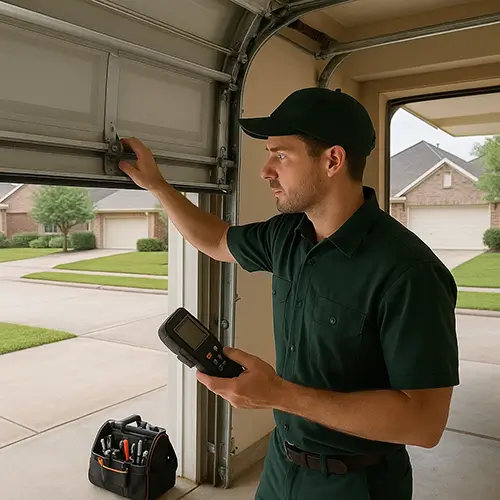 Technician in dark green uniform inspecting garage door tracks in Cinco Ranch TX