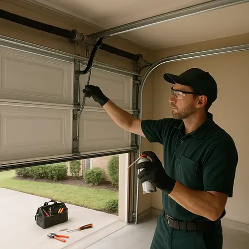 Technician in dark green uniform checking torsion springs during garage maintenance in Cinco Ranch TX