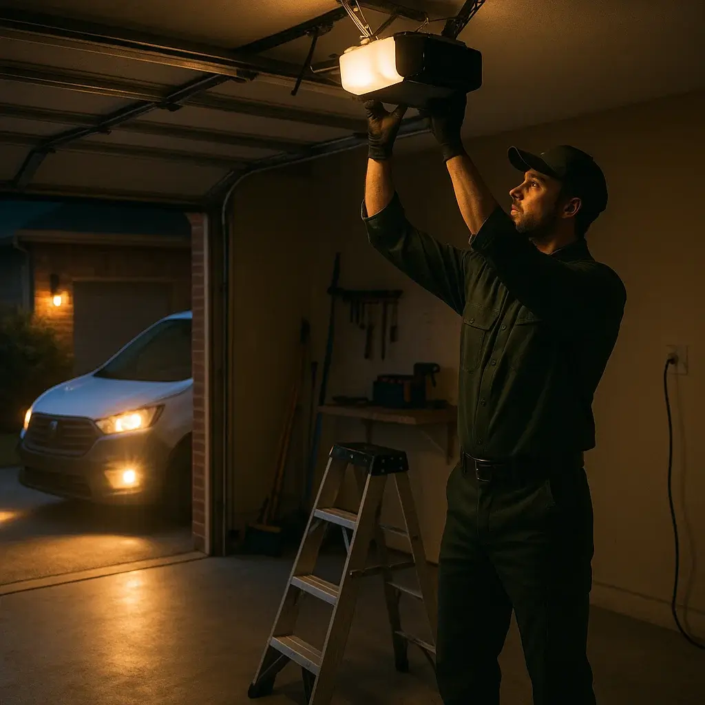 Technician performing 24-hour garage door opener repair in Cinco Ranch TX