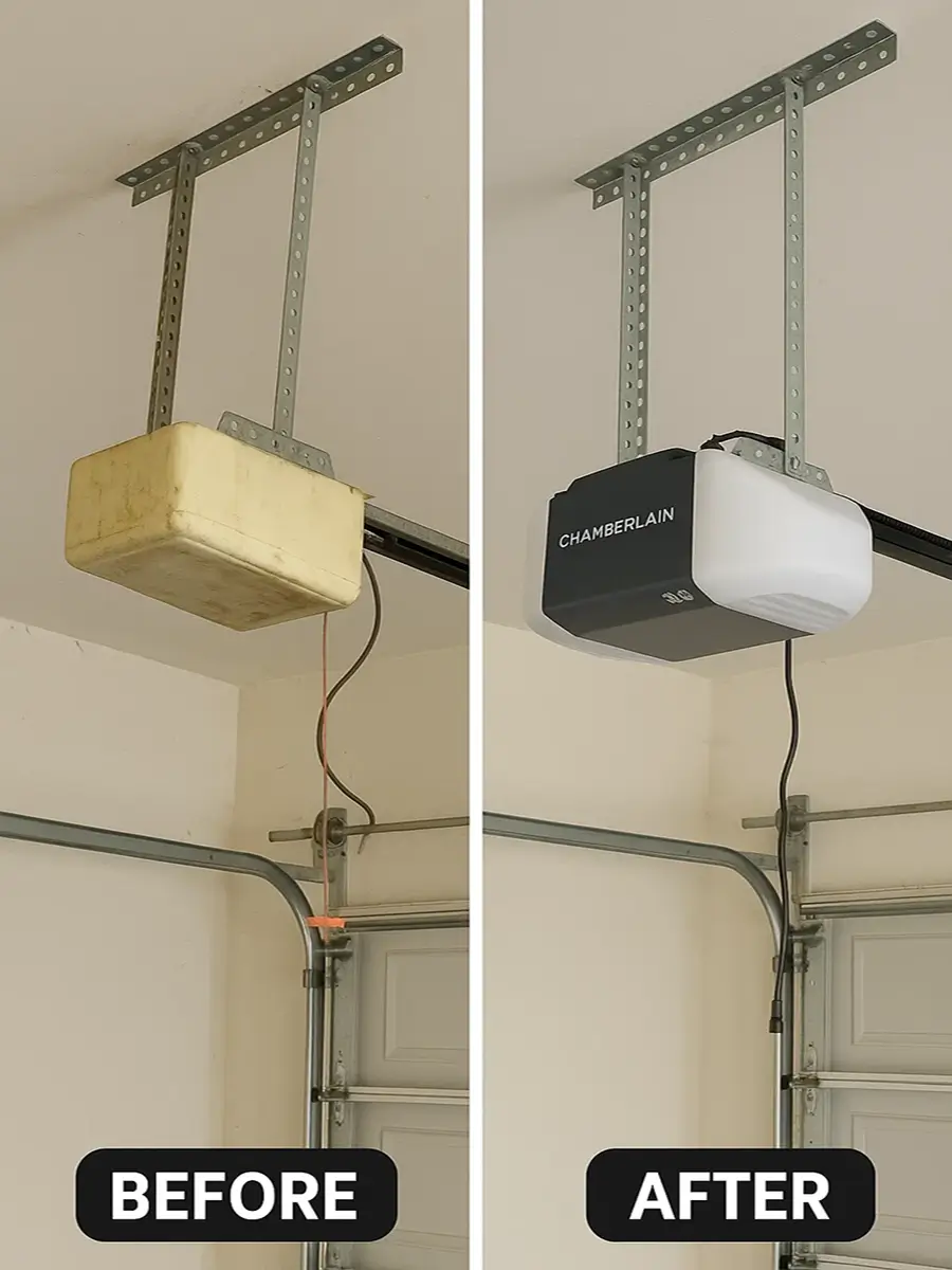 Before and after of garage door opener replacement in Cinco Ranch TX