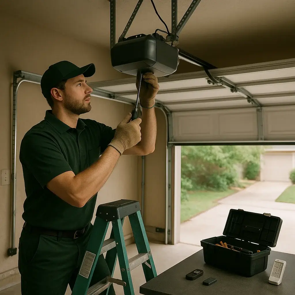Technician repairing residential garage door opener in Cinco Ranch TX