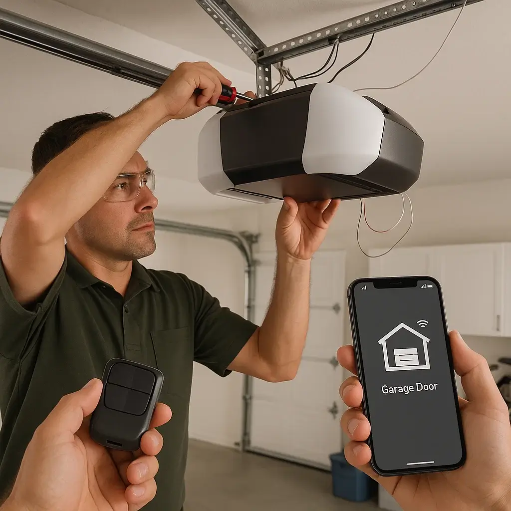 Technician replacing old garage door opener with smart model in Cinco Ranch TX
