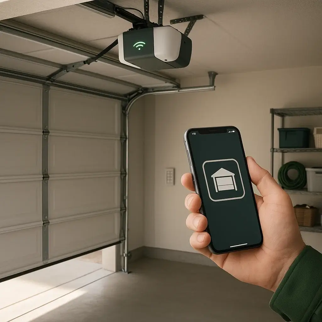 Homeowner using smartphone to operate smart garage door opener in Cinco Ranch TX