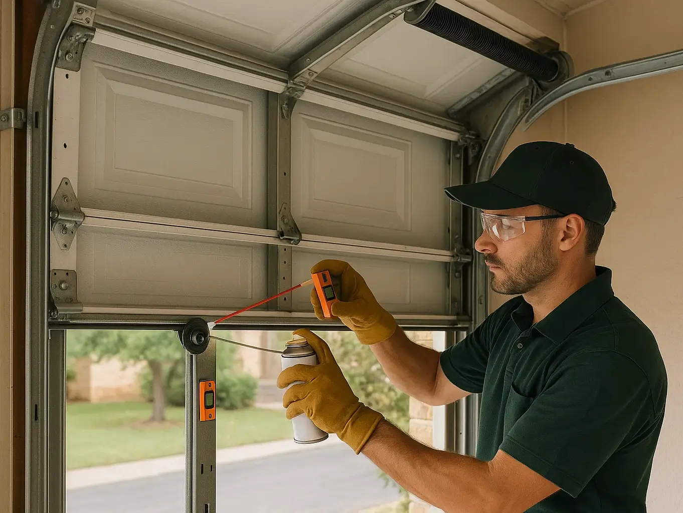 Technician lubricating rollers and checking track alignment during preventive garage door maintenance in Cinco Ranch TX