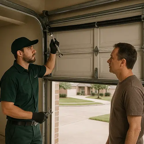 Technician in dark green uniform inspecting garage door in Cinco Ranch TX