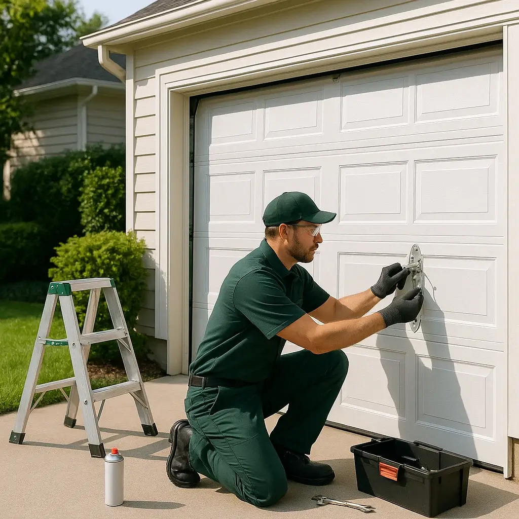 Technician performing residential garage door maintenance in Cinco Ranch TX