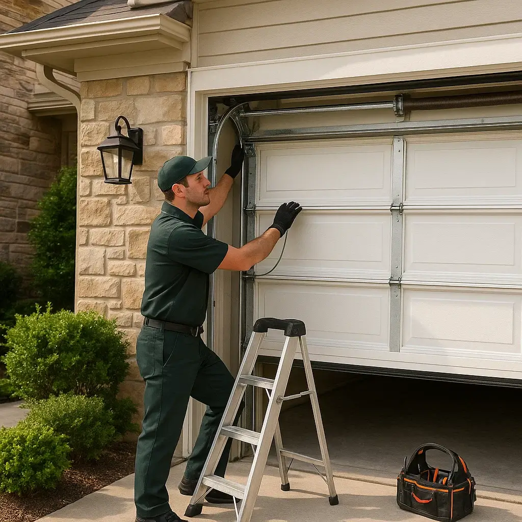 Technician repairing residential garage door in Cinco Ranch TX