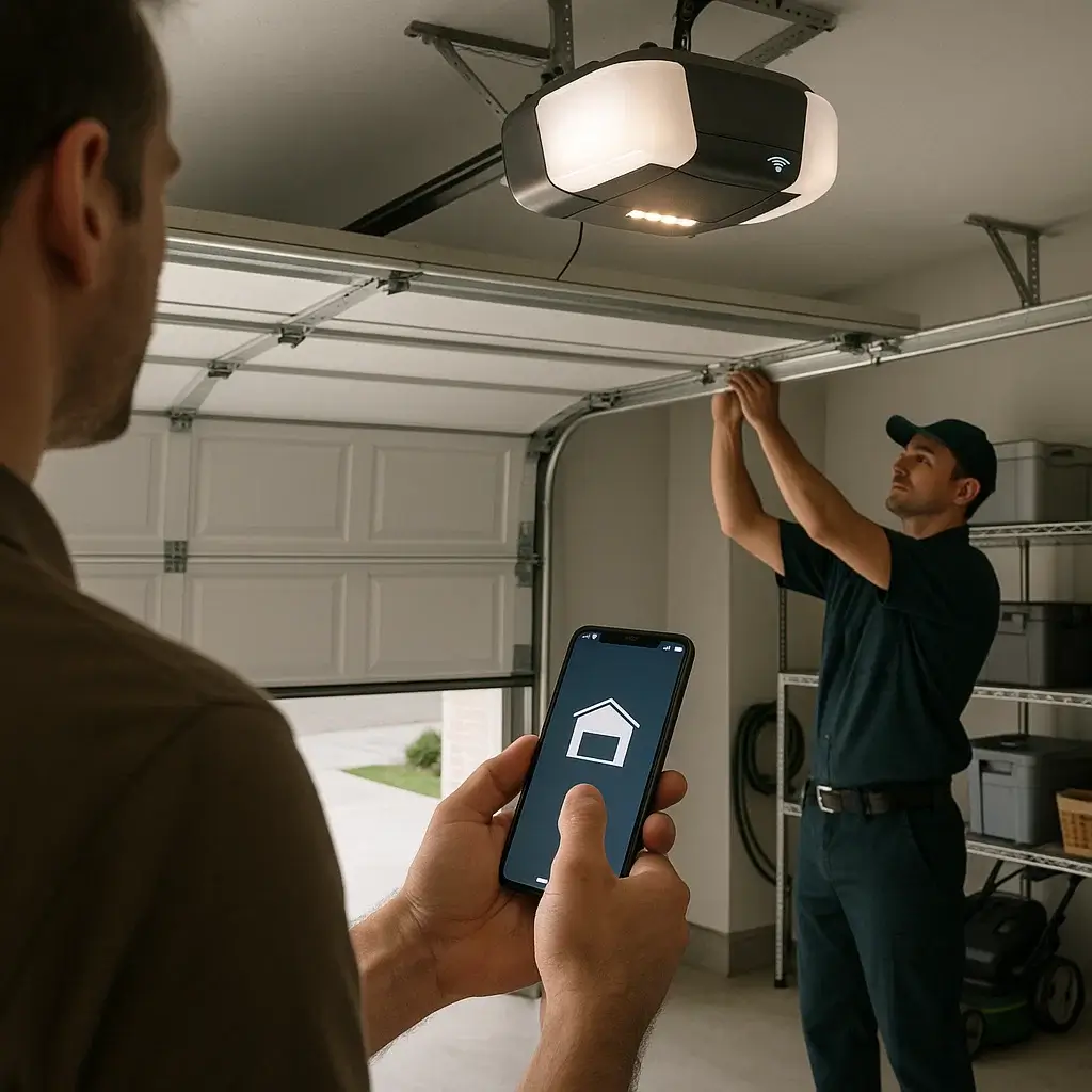 Homeowner using smartphone to control smart garage door opener in Cinco Ranch TX
