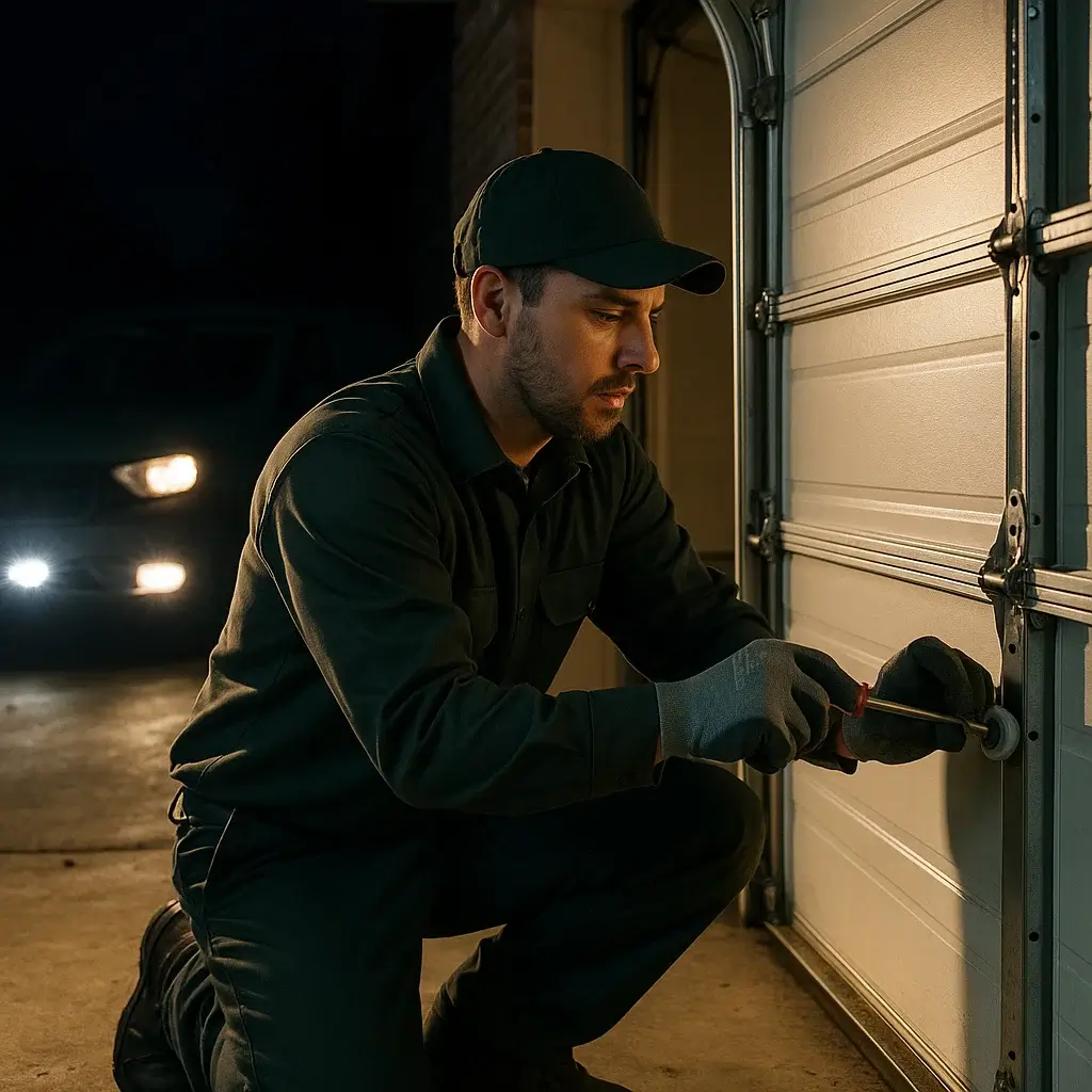 Technician repairing garage door rollers at night in Cinco Ranch TX