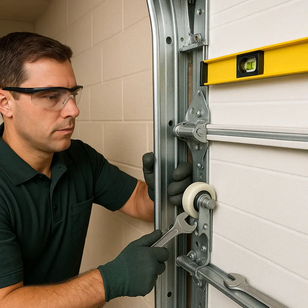 Technician aligning garage door rollers and tracks in Cinco Ranch TX