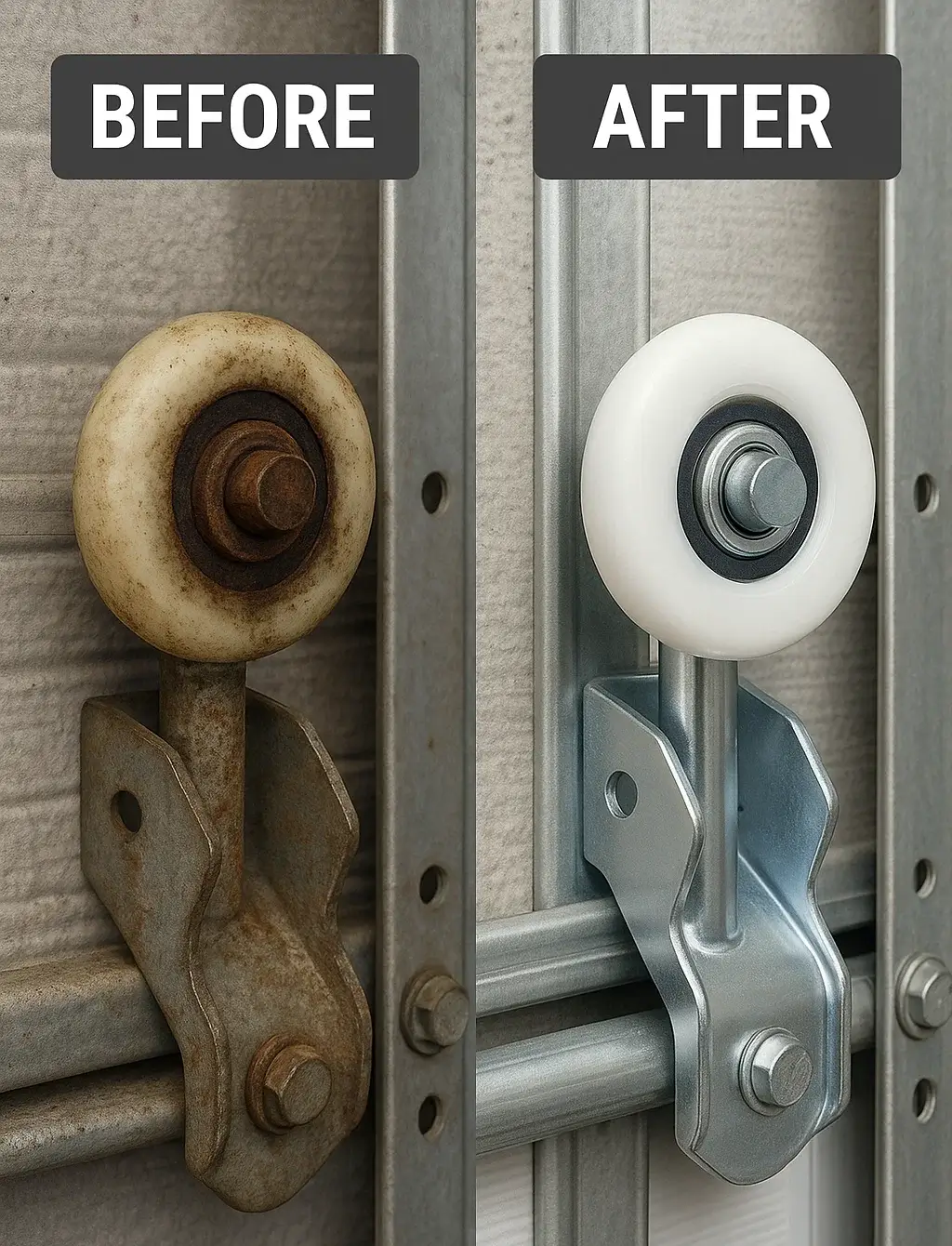 Before and after of garage door roller replacement in Cinco Ranch TX