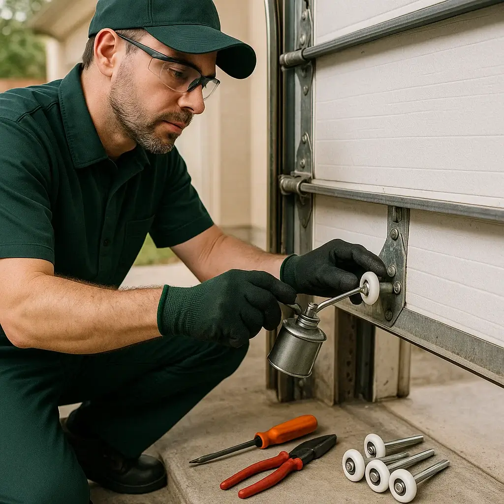 Technician lubricating and maintaining garage door rollers in Cinco Ranch TX