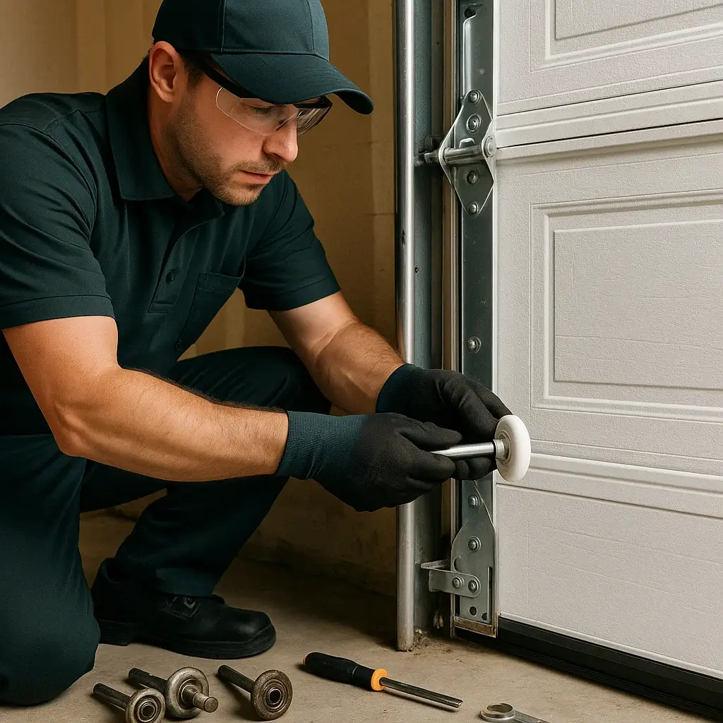 Technician replacing worn garage door rollers in Cinco Ranch TX
