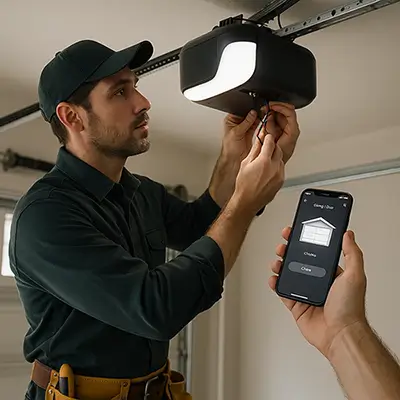 Technician installing a smart garage door opener controlled by smartphone in Cinco Ranch 