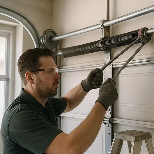 Technician replacing torsion spring on a residential garage door in Cinco Ranch , TX