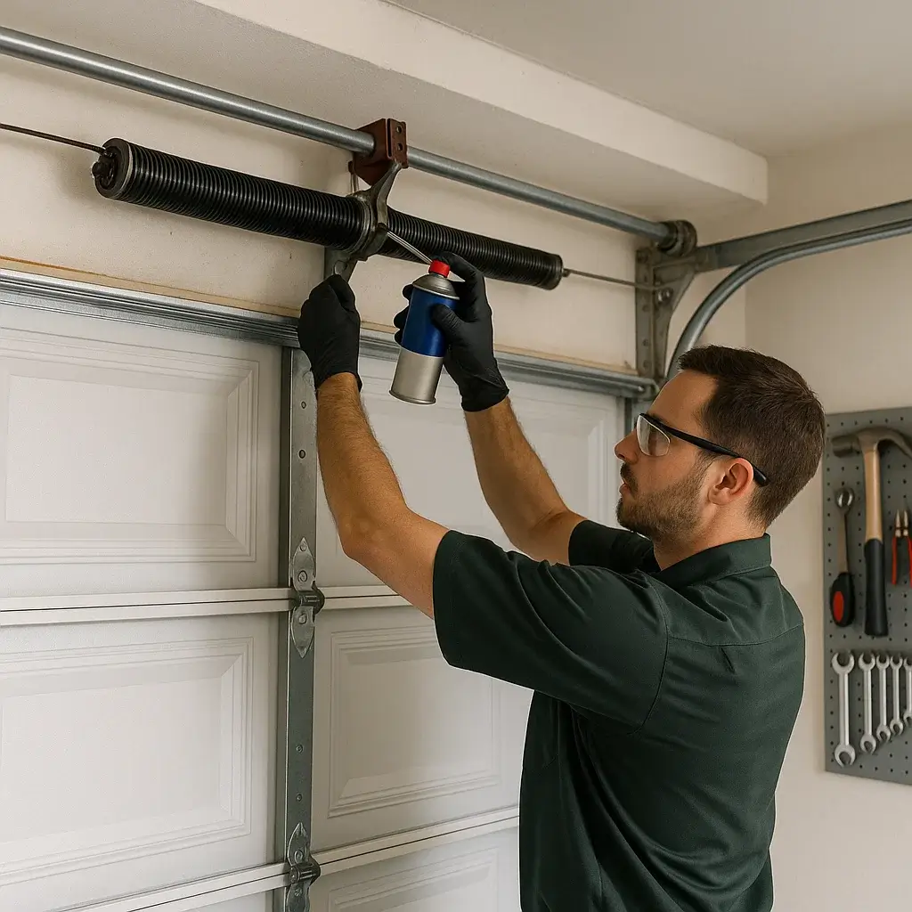Technician performing garage door spring maintenance in Cinco Ranch TX