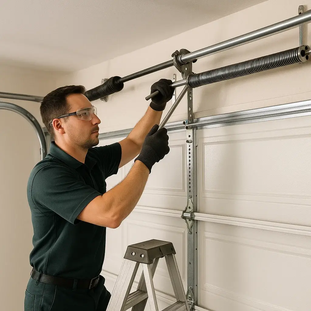 Technician replacing broken garage door spring in Cinco Ranch TX