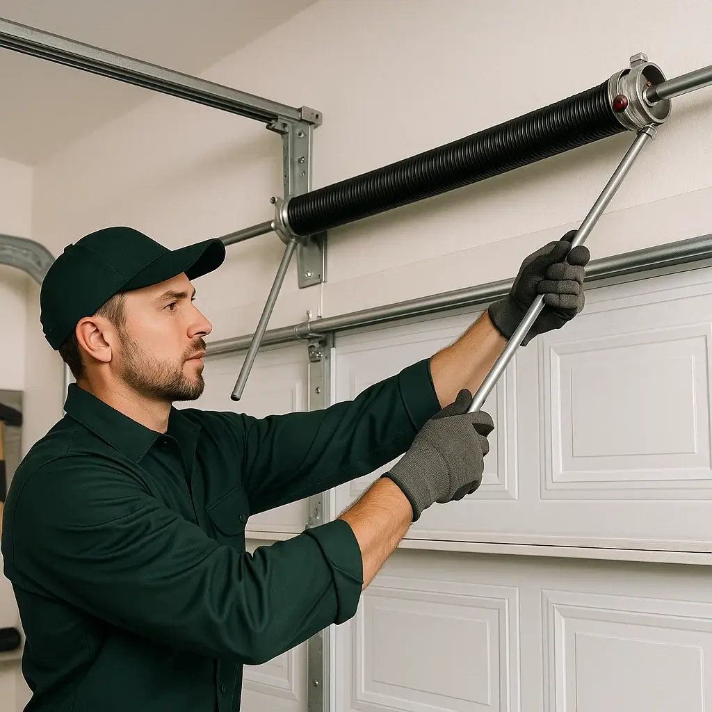 Technician replacing garage door spring with premium parts in Cinco Ranch TX