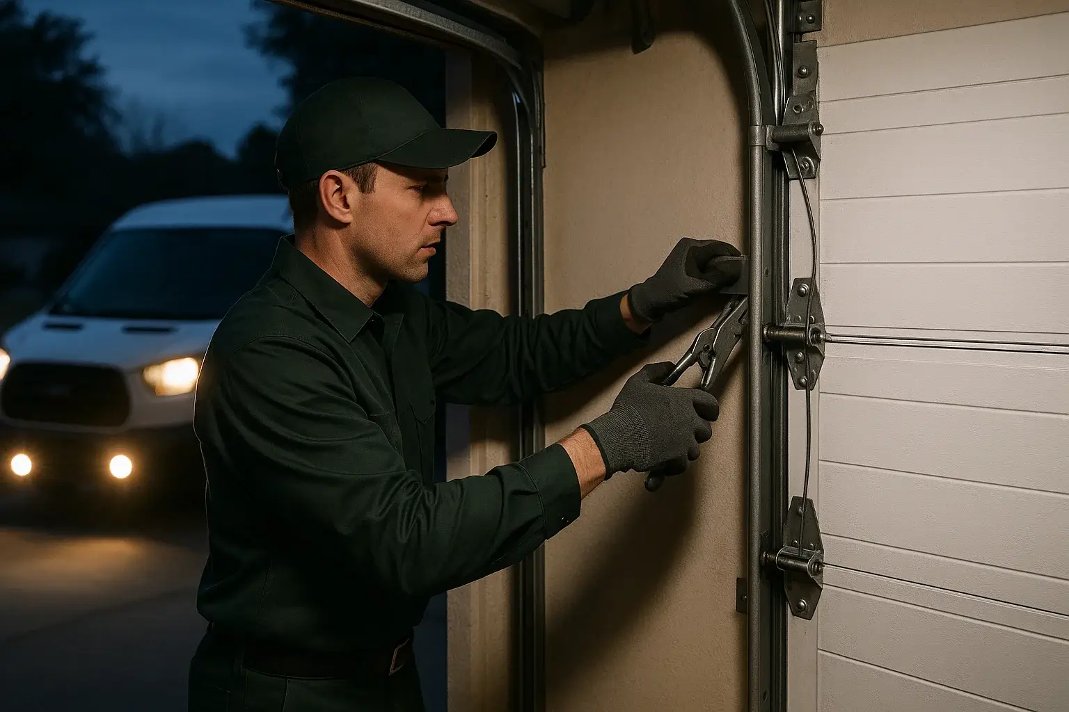 Technician realigning garage door track during emergency repair in Cinco Ranch TX
