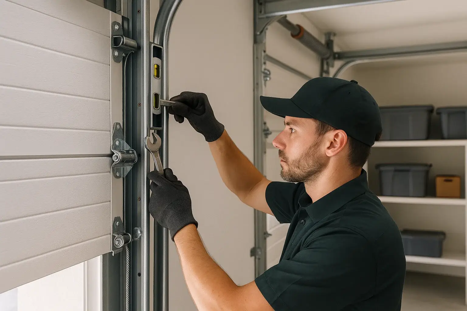 Technician aligning garage door track for smooth operation in Cinco Ranch TX