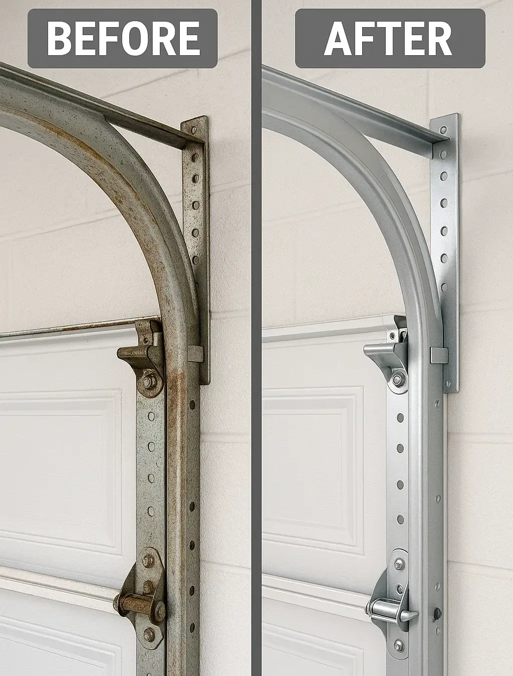 Before and after of garage door track repair in Cinco Ranch TX