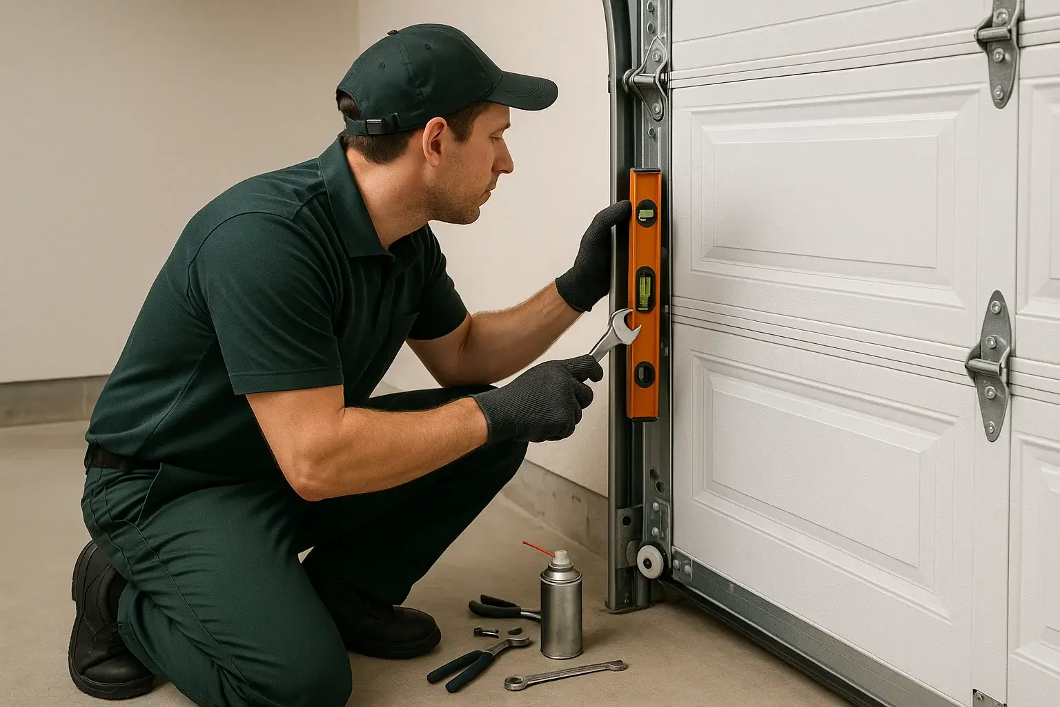 Technician inspecting and aligning garage door track in Cinco Ranch TX