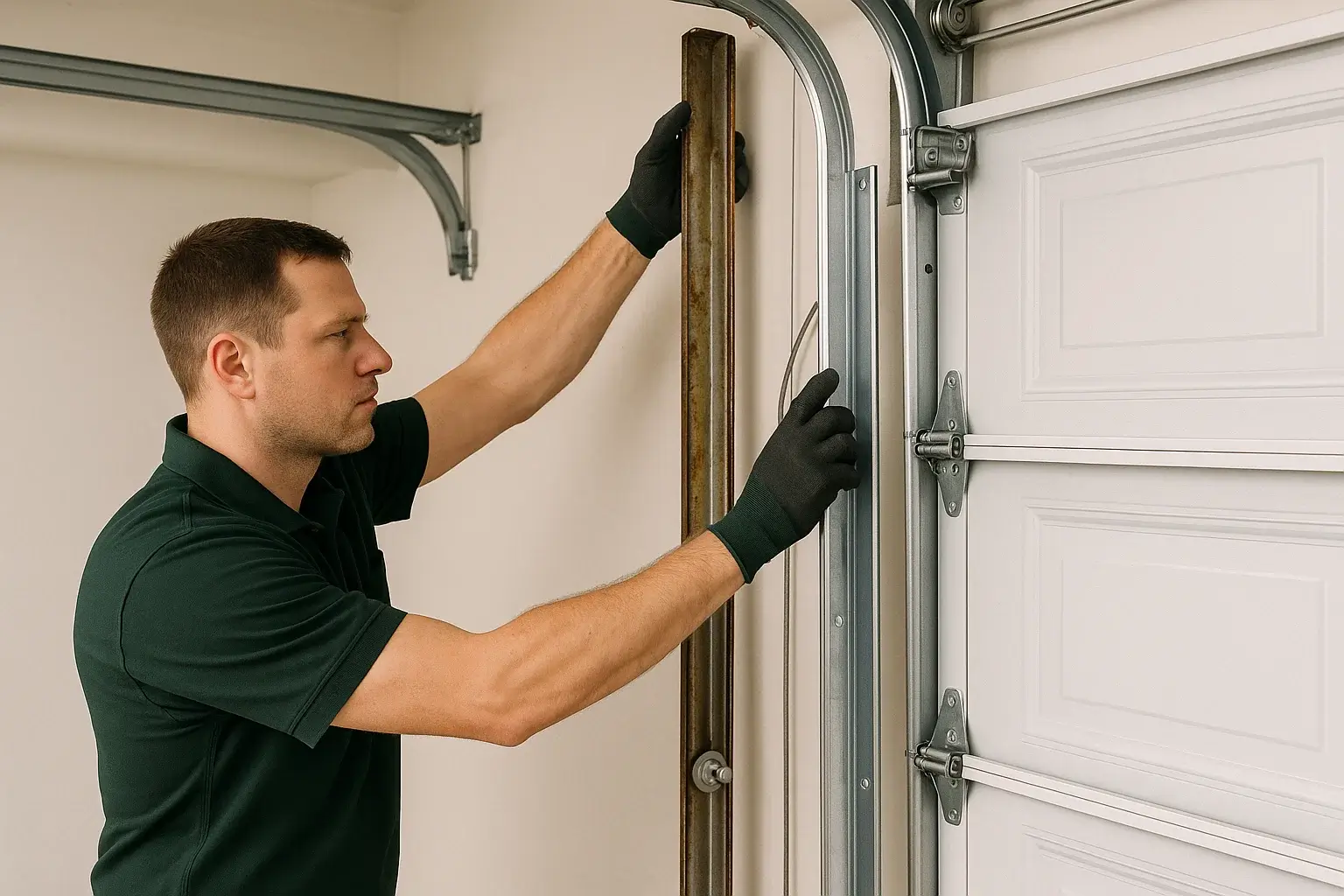Technician replacing damaged garage door track in Cinco Ranch TX